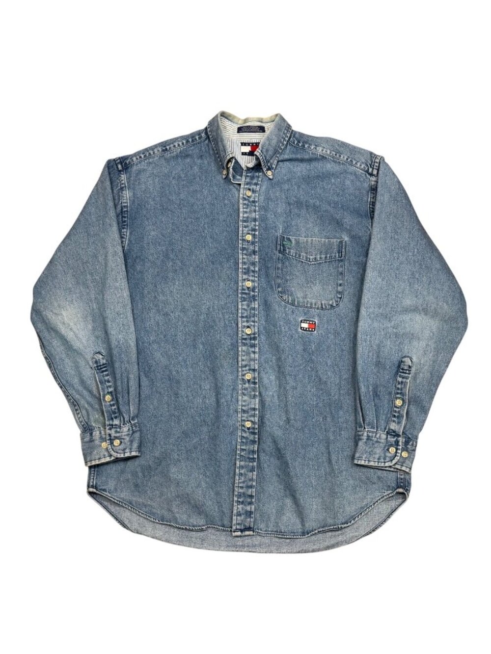 90s Tommy Hilfiger Jeans Denim Button Down Shirt Mens Small Blue Vintage Style C